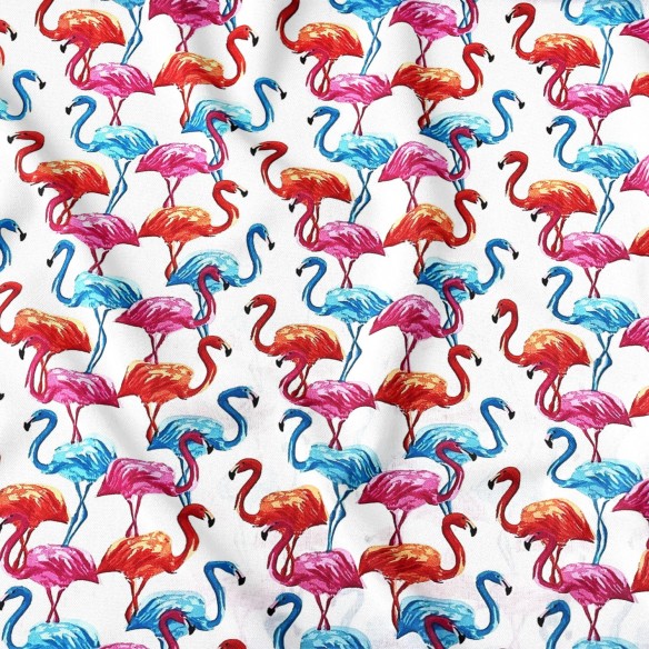 Tecido de Algodão - Azul Rosa e Flamingos Salmão