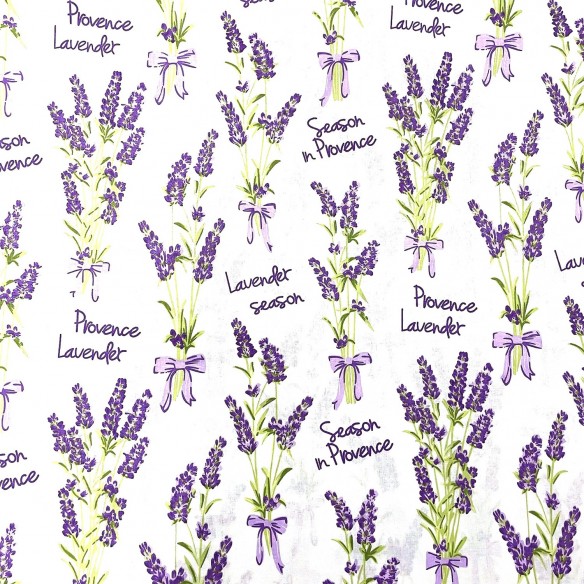 Tecido de algodão - flores de lavanda em branco