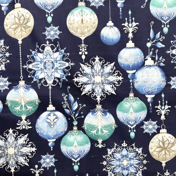 Tecido de Algodão - Bolas de Natal decorativas azul marinho