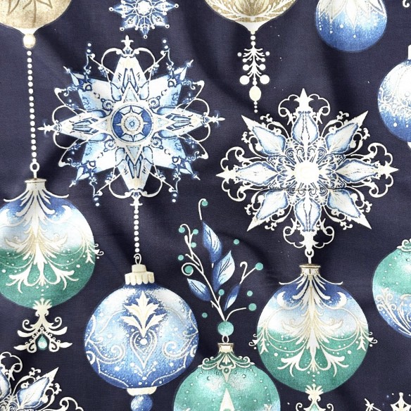 Tecido de Algodão - Bolas de Natal decorativas azul marinho