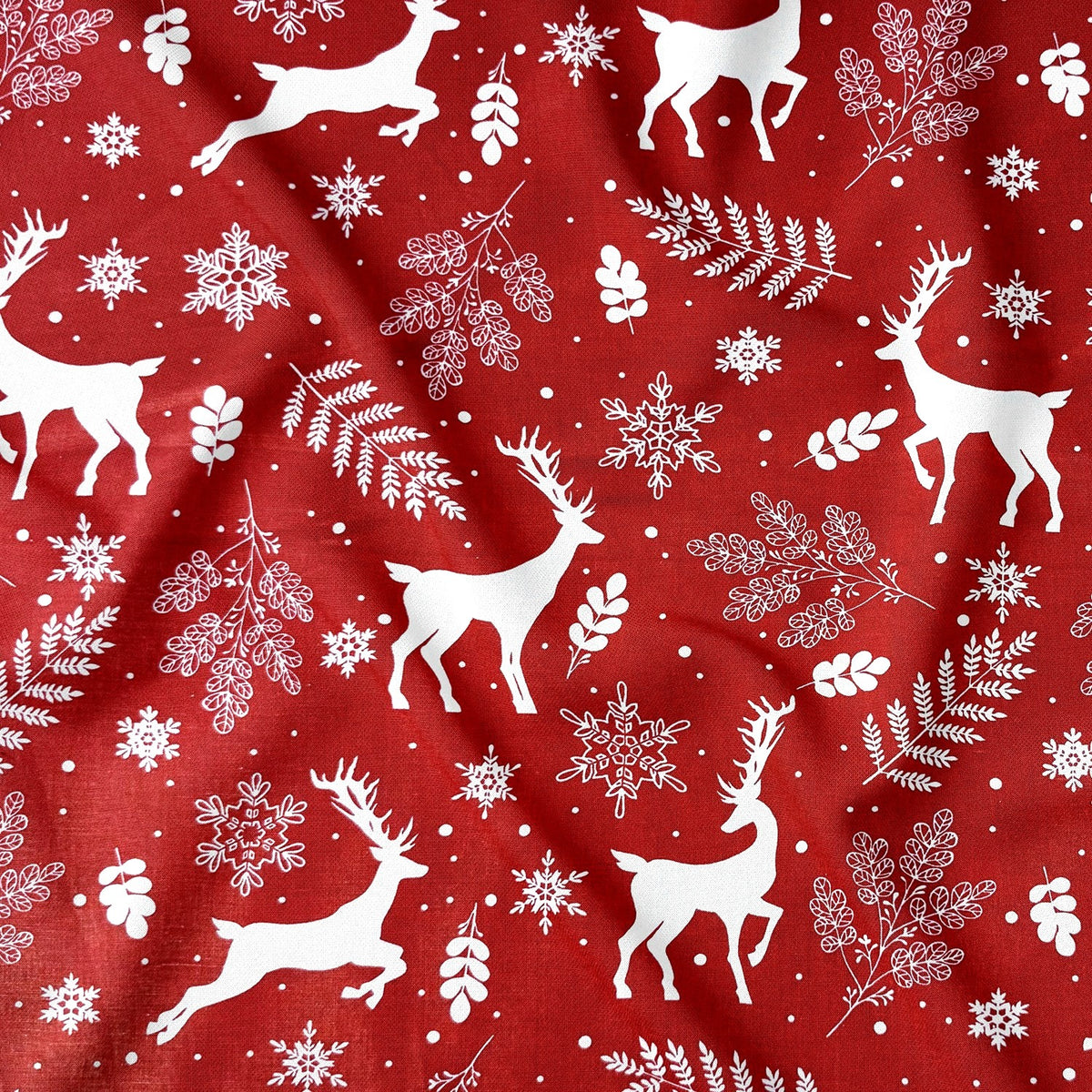 Tecido de algodão - Flocos de neve de Natal e renas, branco
