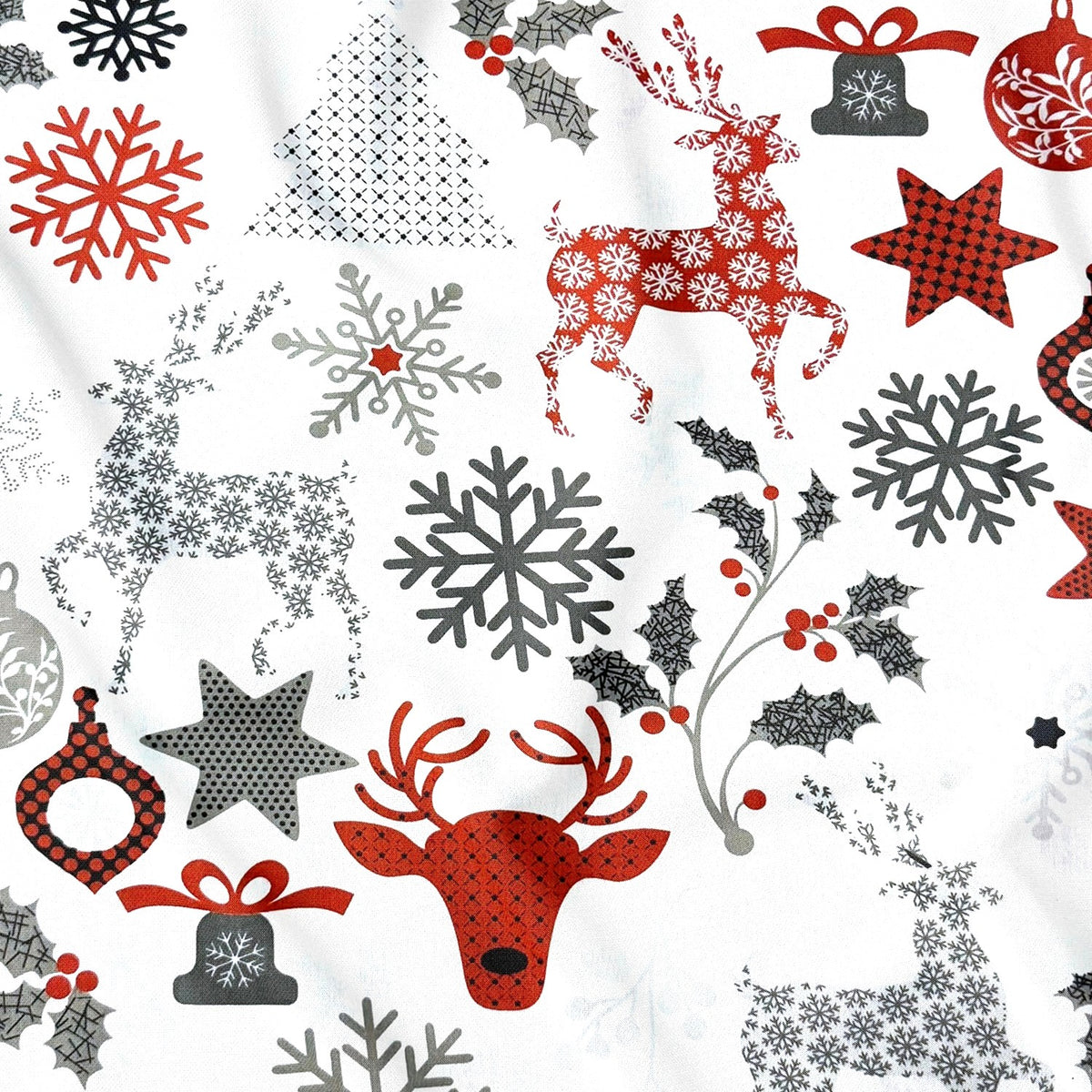 Tecido de algodão - Flocos de neve de Natal e renas, branco
