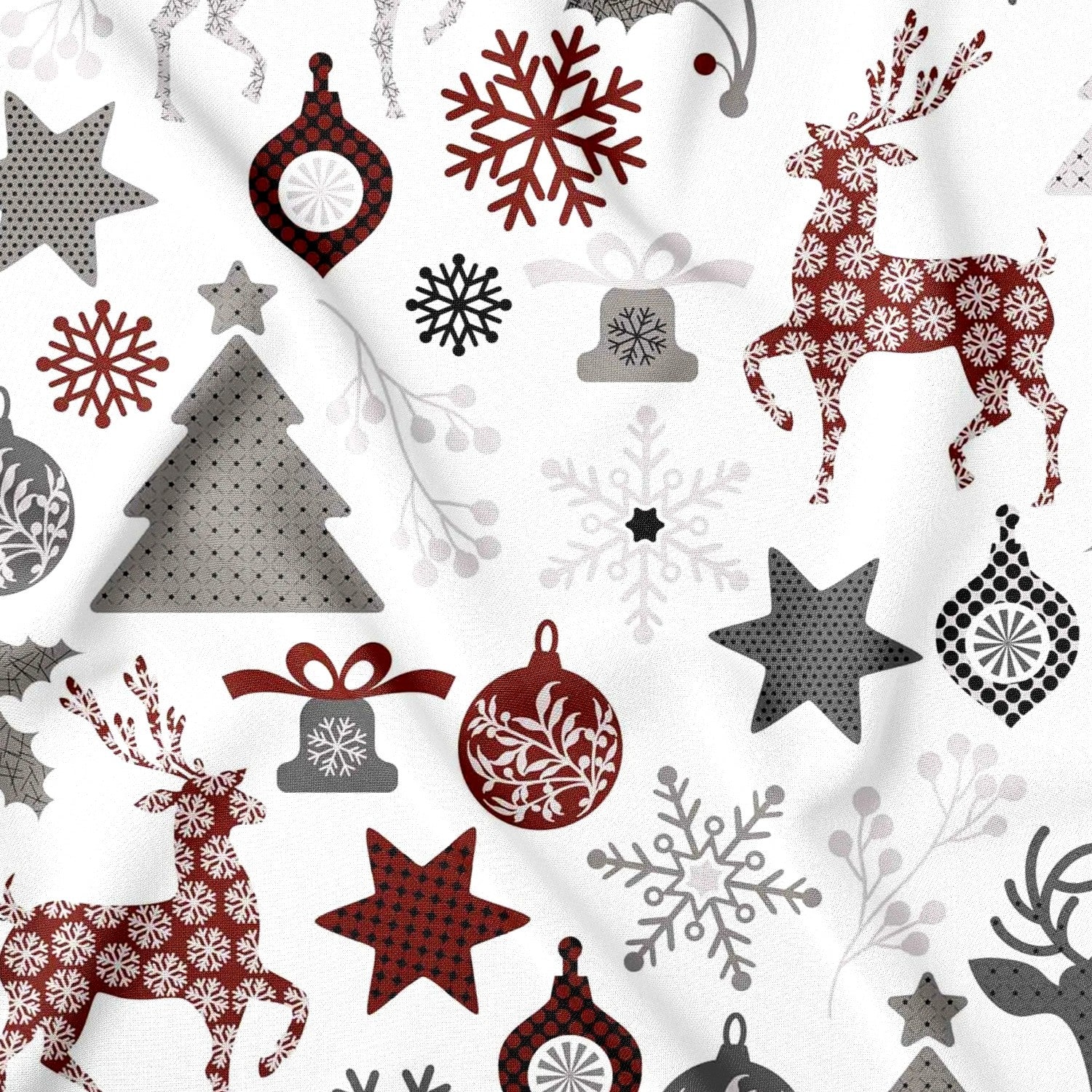 Tecido de algodão - Flocos de neve de Natal e renas, branco