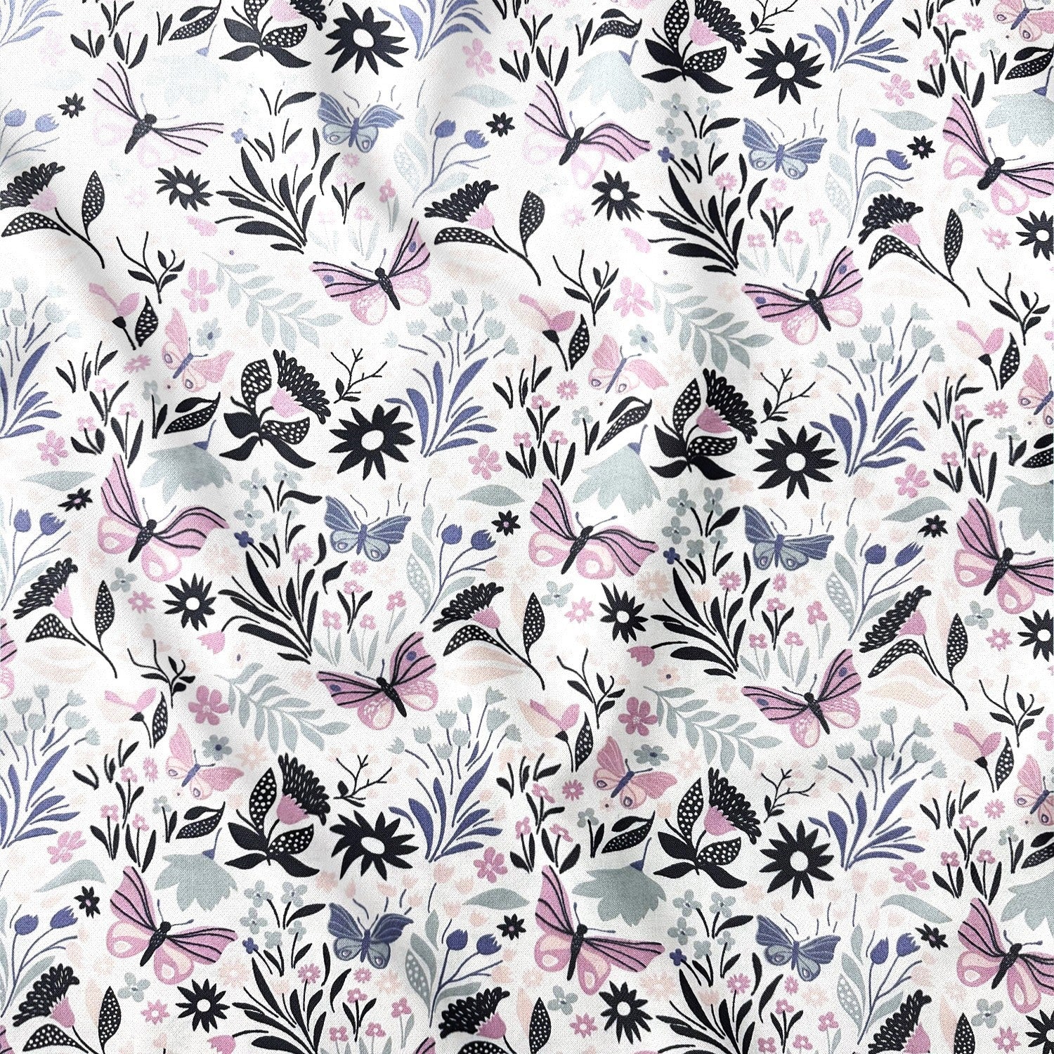Cotton Fabric - Butterflies, Purple and pink