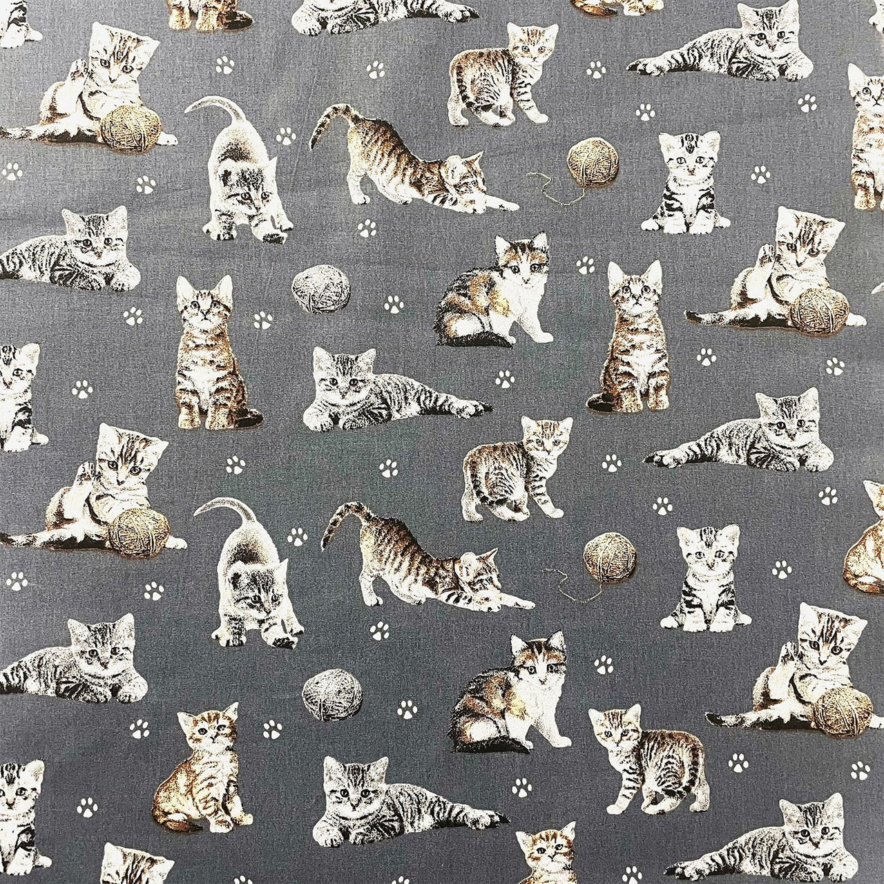 Cotton Fabric - Cats Paws and Yarn on Gray