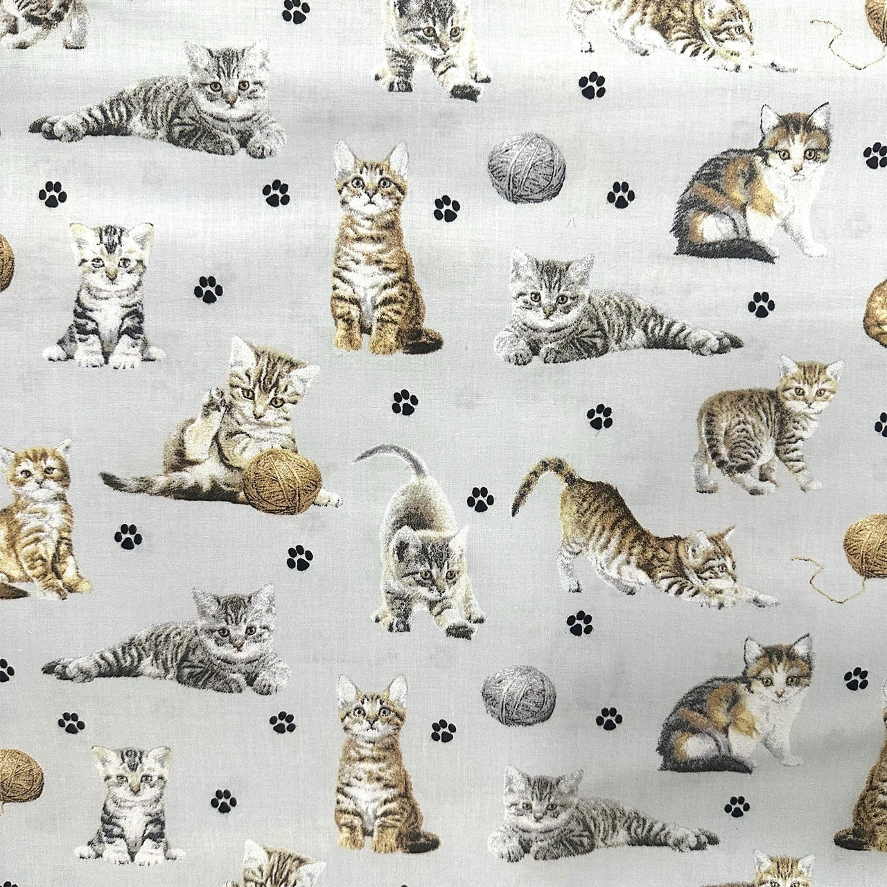 Cotton Fabric - Cats Paws and Yarn on Light Gray