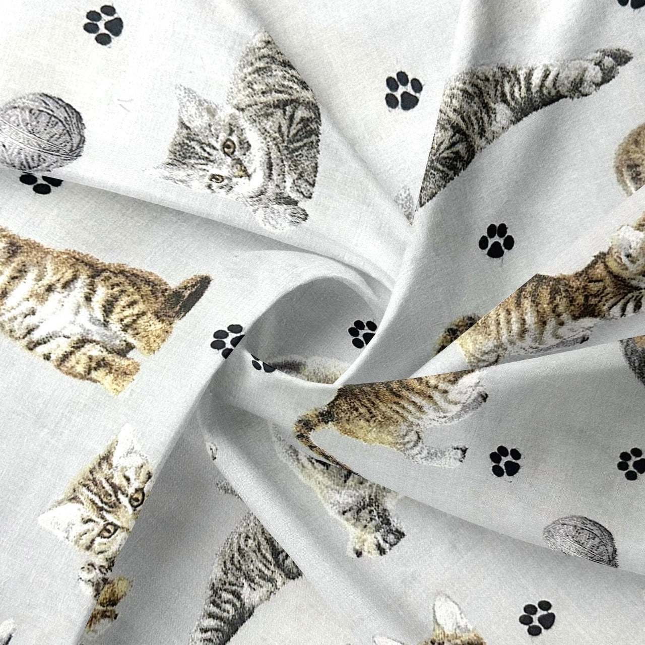 Cotton Fabric - Cats Paws and Yarn on Light Gray