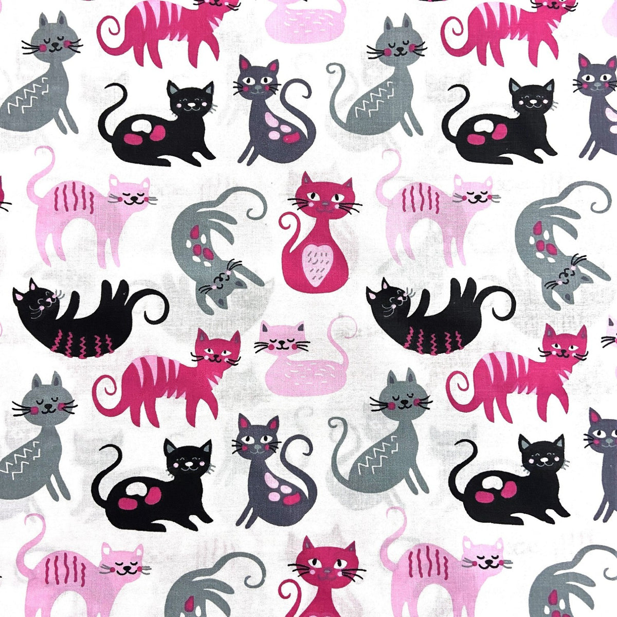 Cotton Fabric - Cats Pink and Black on White