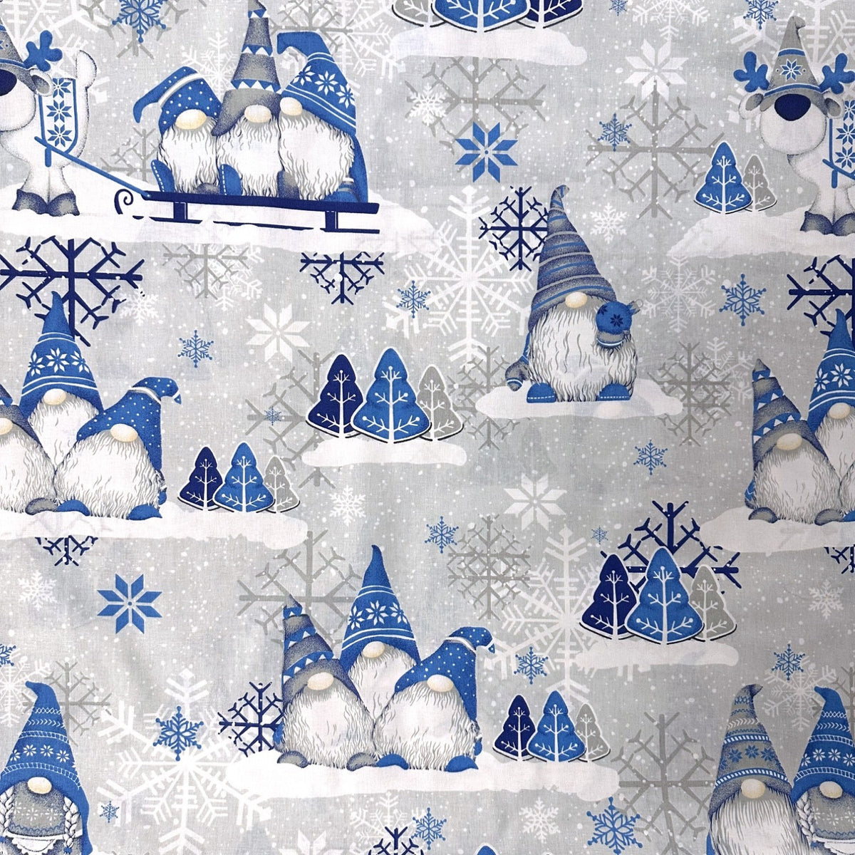 Cotton Fabric - Christmas Blue Gnomes on Gray
