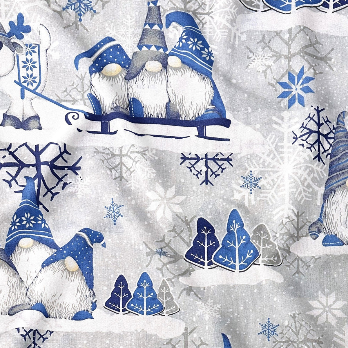 Cotton Fabric - Christmas Blue Gnomes on Gray