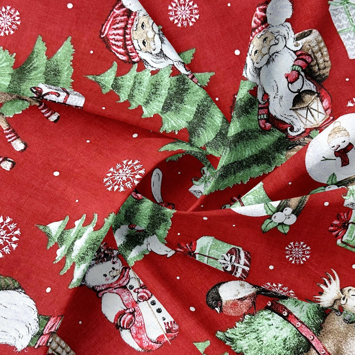 Cotton Fabric - Christmas Reindeer and Santa Claus, Red