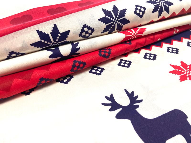 Cotton Fabric - Christmas Scandinavian Reindeer Red