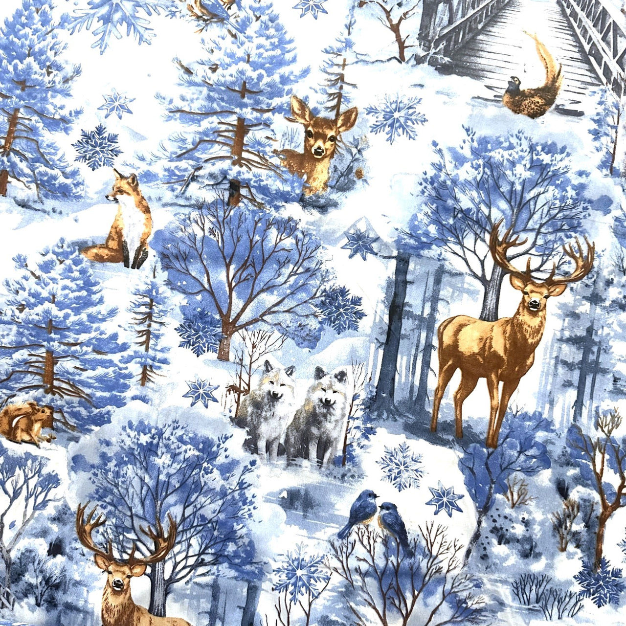 Cotton Fabric - Christmas blue landscape