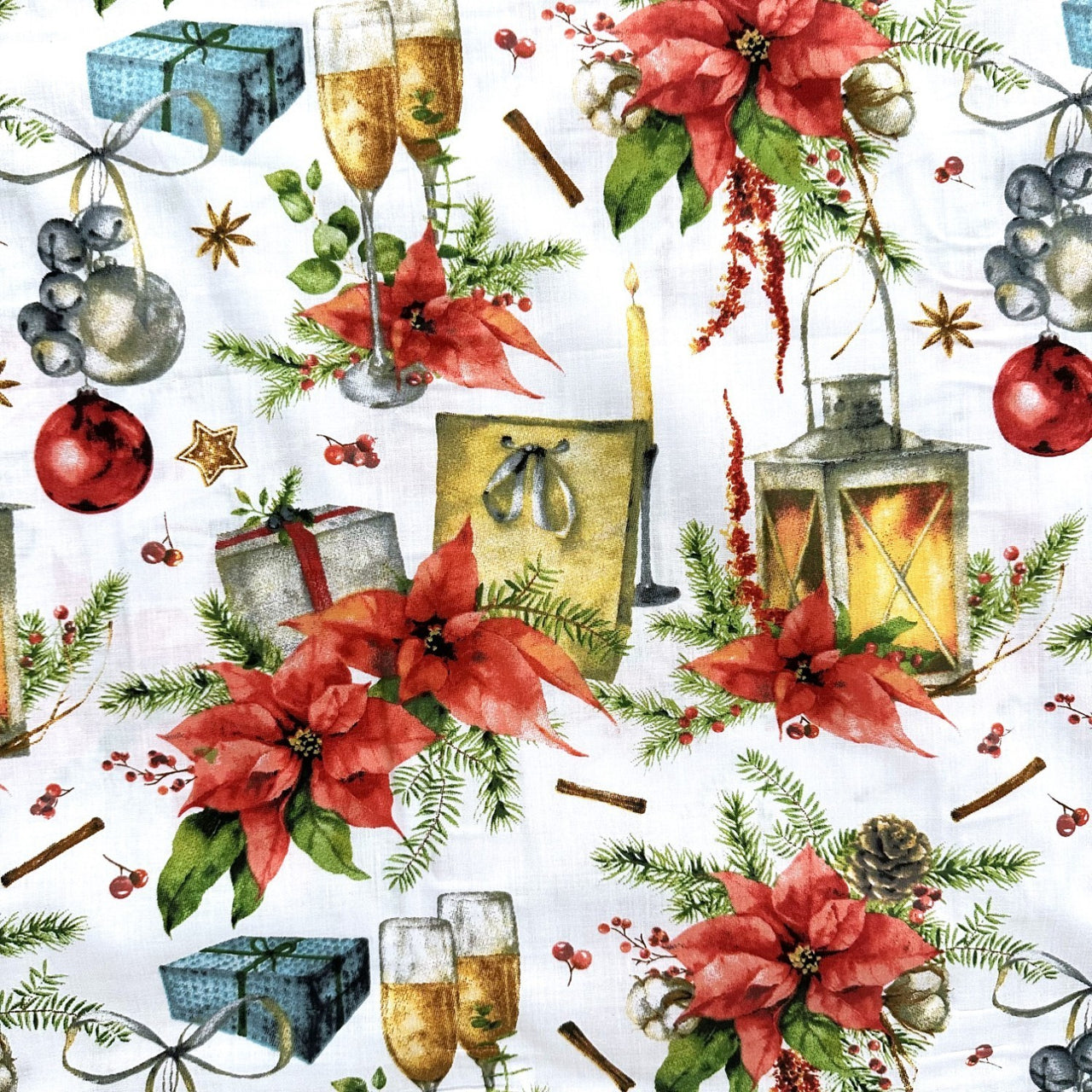 Cotton Fabric - Christmas lamp and red bow