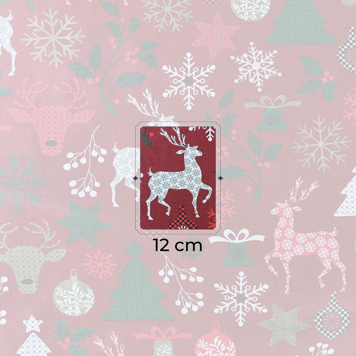 Cotton Fabric - Christmas snowflakes and Reindeer, Red