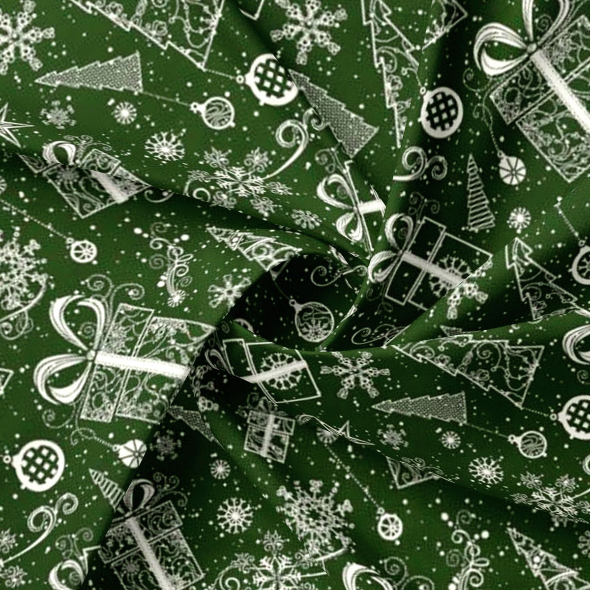 Cotton Fabric - Christmas tree, snowflakes, and presents in green