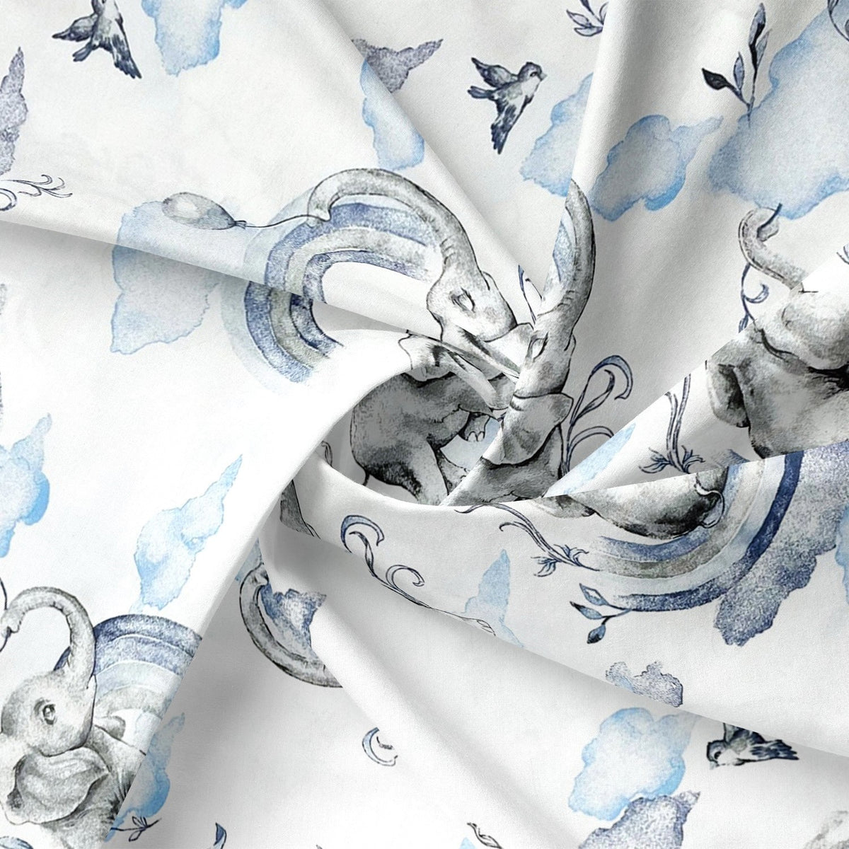 Cotton Fabric - Elephants, Blue