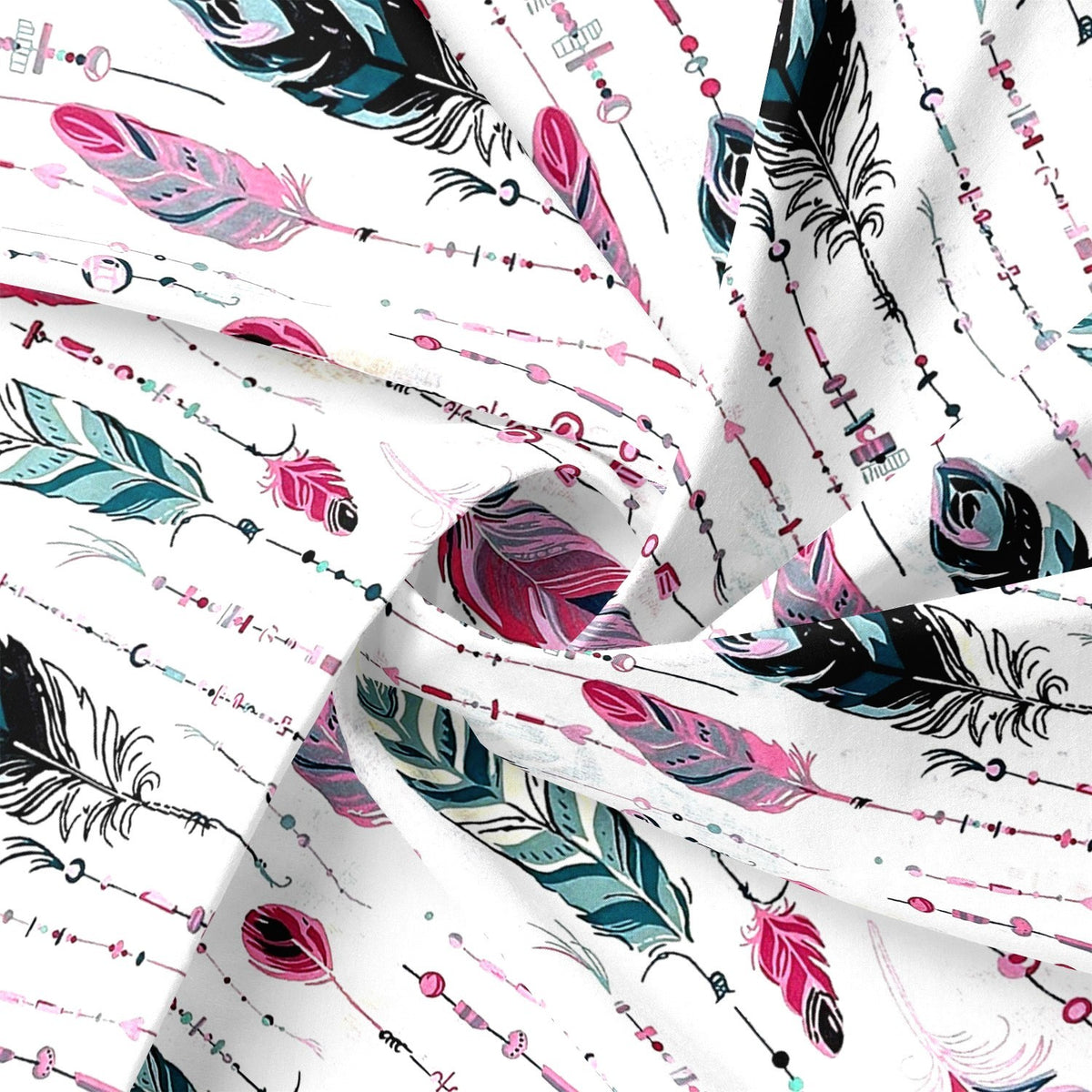 Cotton Fabric - Feathers and Beads Green and Pink
