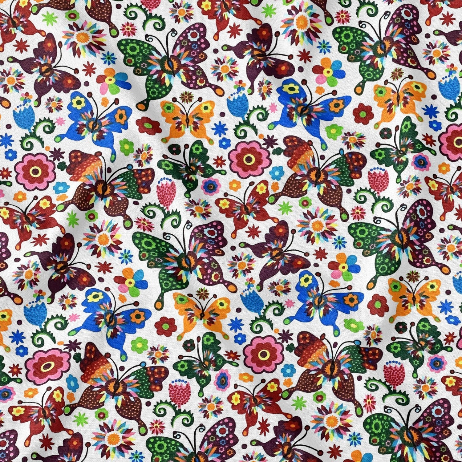 Cotton Fabric - Folk Butterflies White