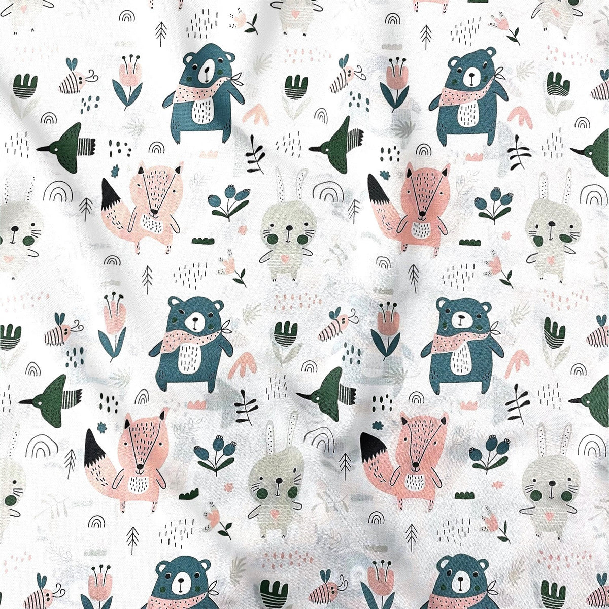 Cotton Fabric - Forest Animals emerald and white