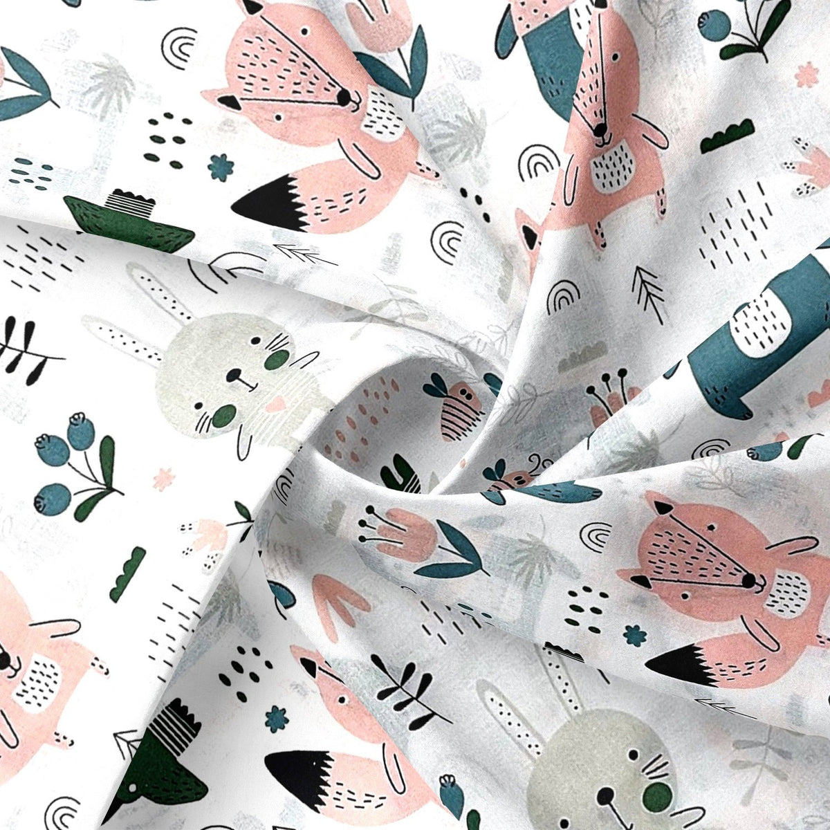 Cotton Fabric - Forest Animals emerald and white