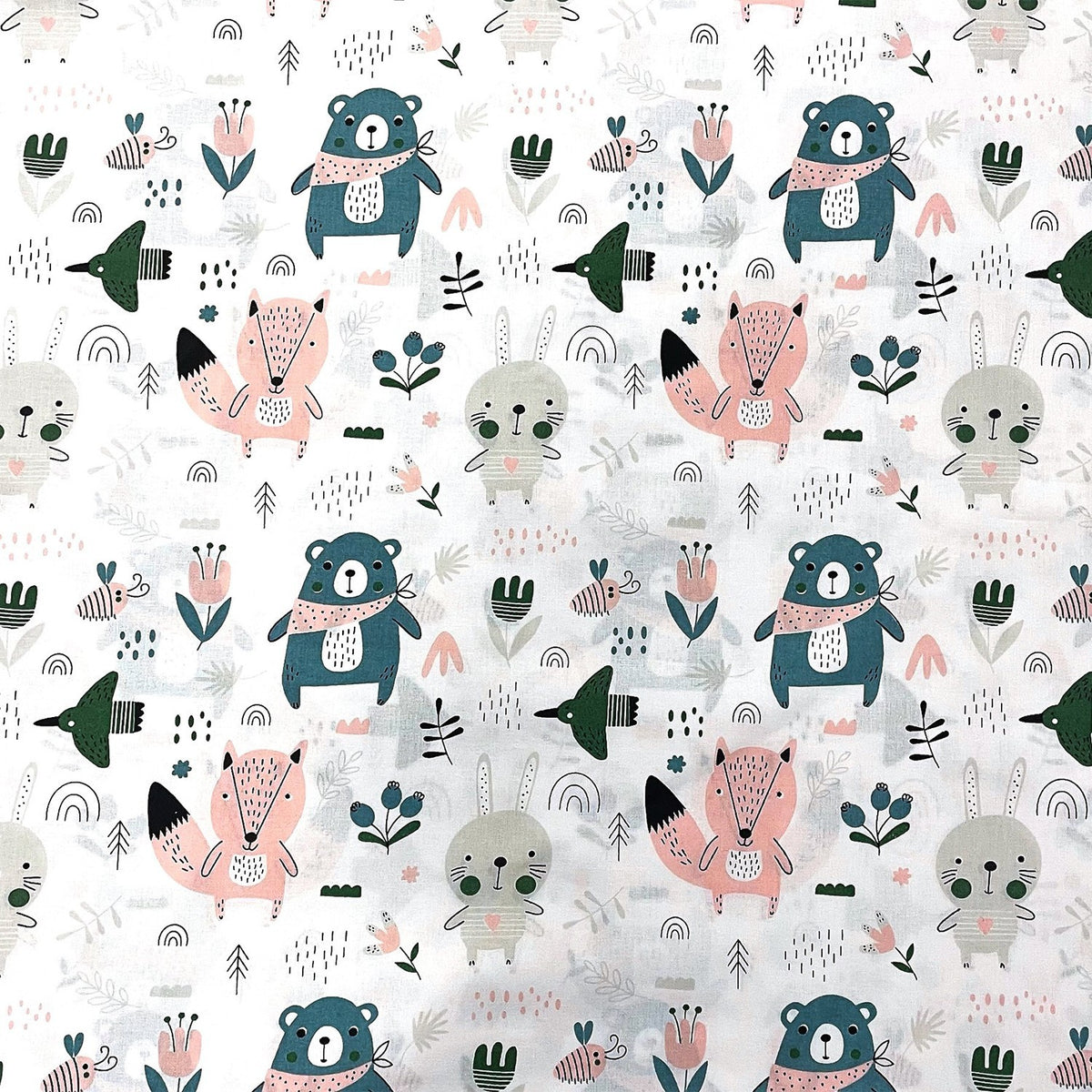 Cotton Fabric - Forest Animals emerald and white