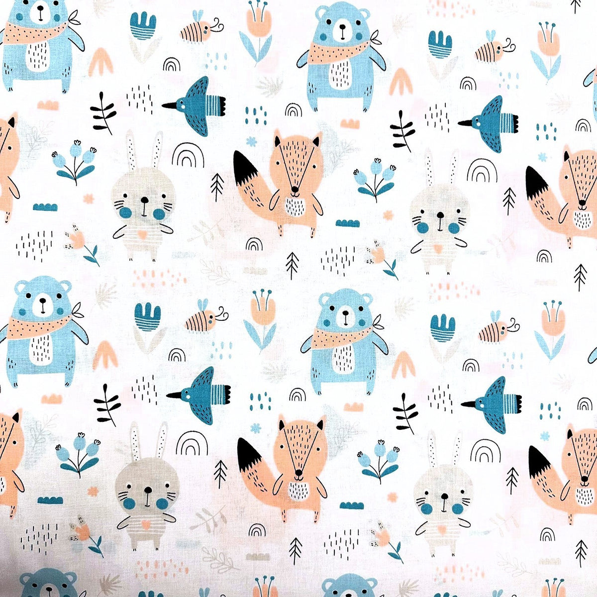 Cotton Fabric - Forest Animals on White