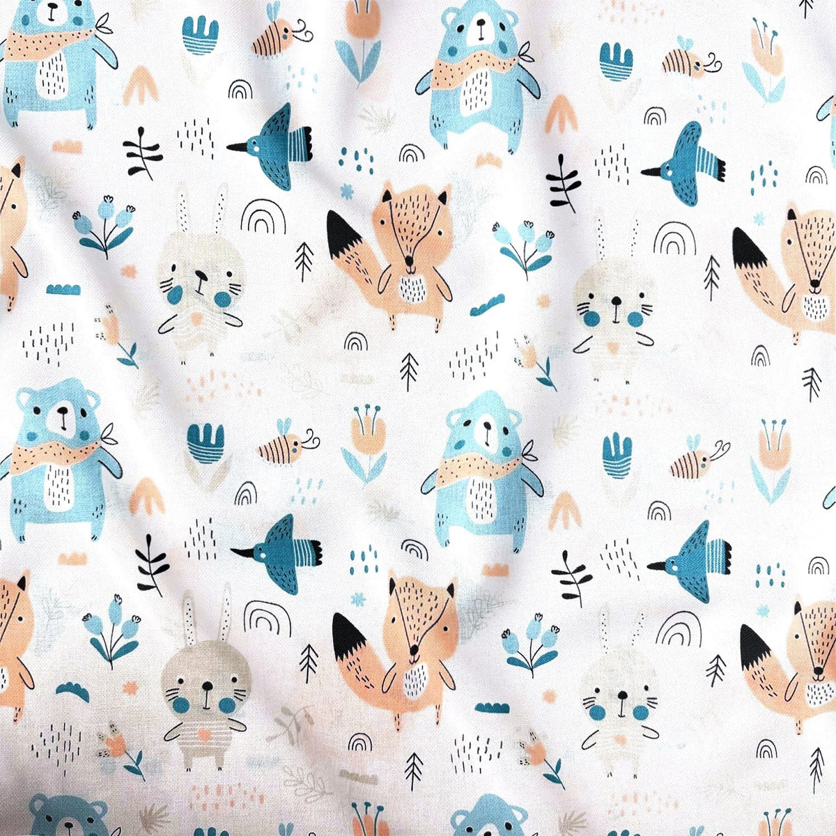 Cotton Fabric - Forest Animals on White