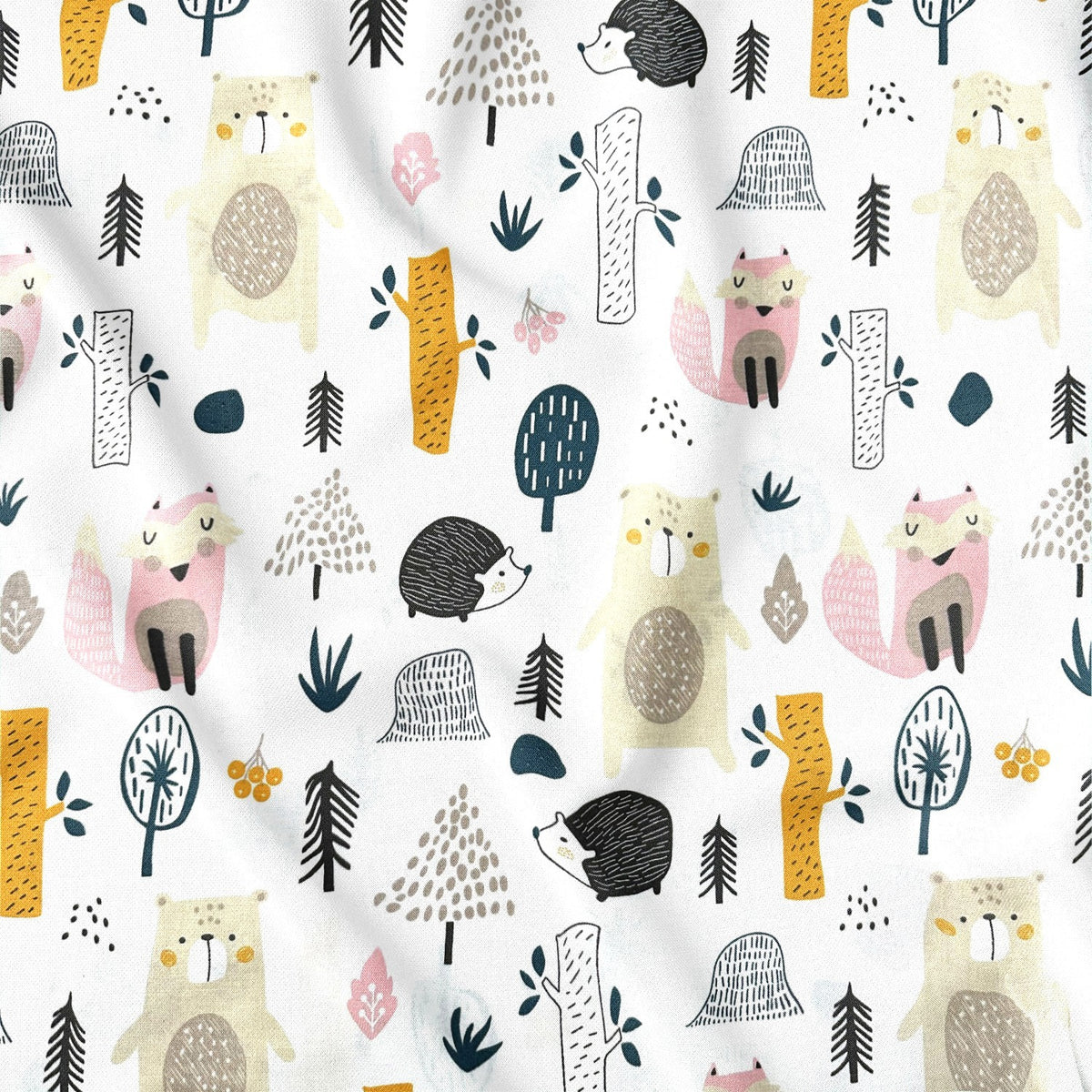 Cotton Fabric - Forest animals pink-orange on white