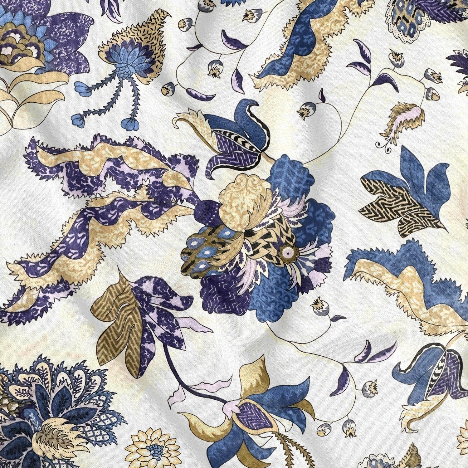 Cotton Fabric - Oriental pattern, Gold and Blue