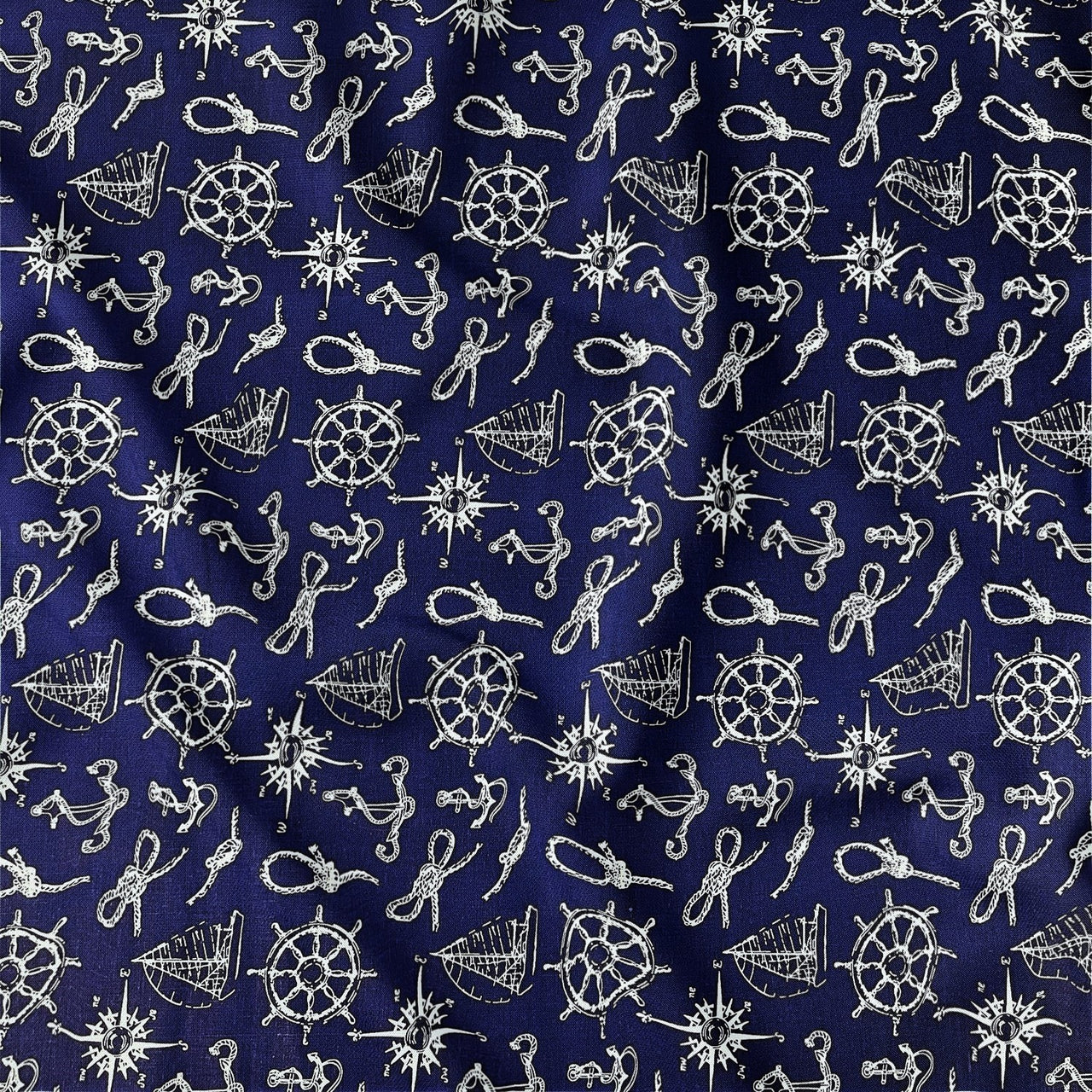 Cotton Fabric - Steering Wheels Compasses and Ropes Navy