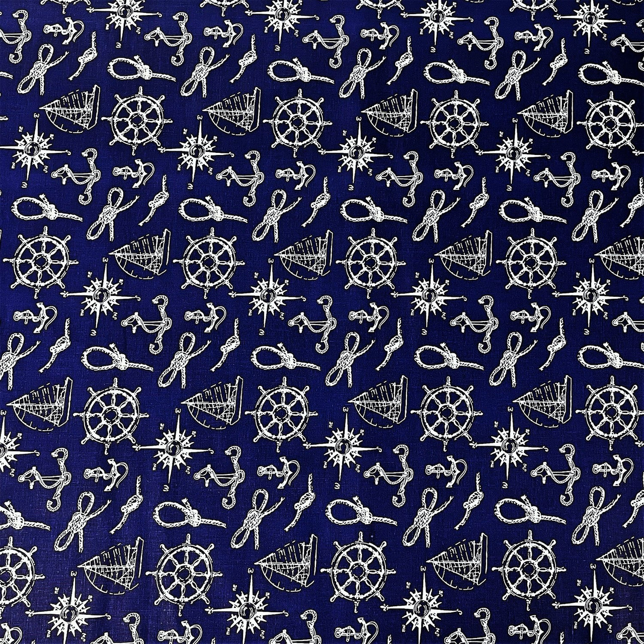 Cotton Fabric - Steering Wheels Compasses and Ropes Navy