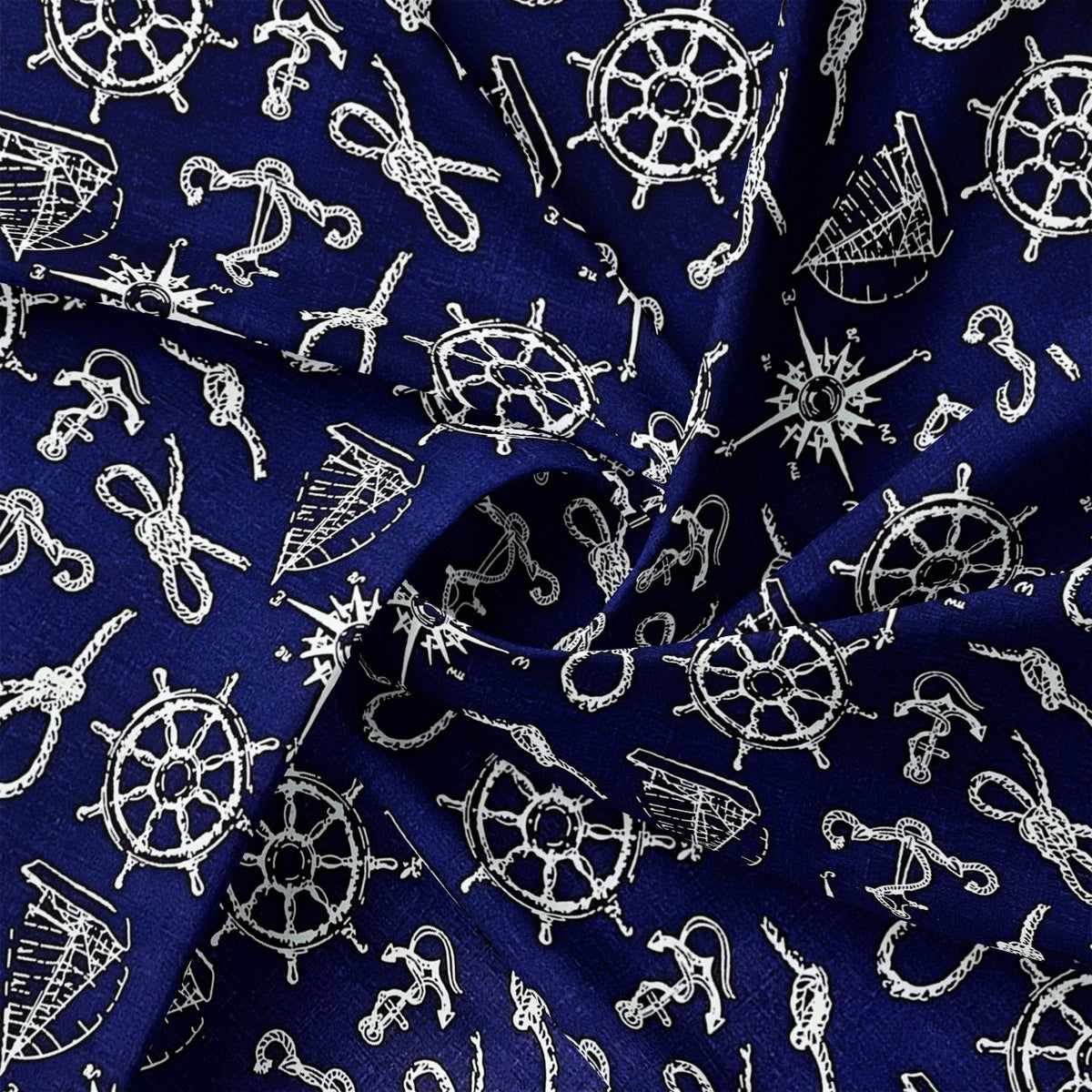 Cotton Fabric - Steering Wheels Compasses and Ropes Navy