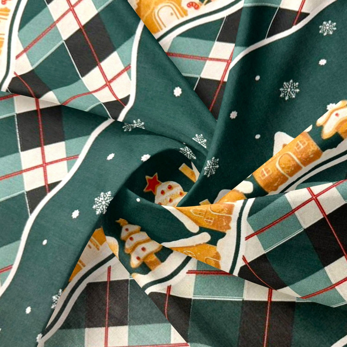 Cotton Fabric - Christmas decorative houses, bottle green - PINaPIN