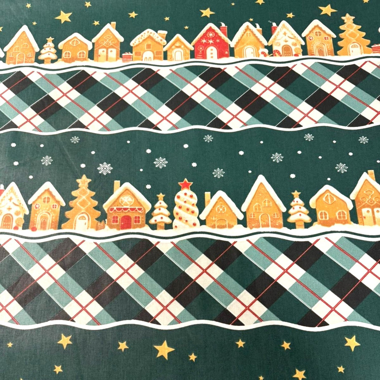 Cotton Fabric - Christmas decorative houses, bottle green - PINaPIN